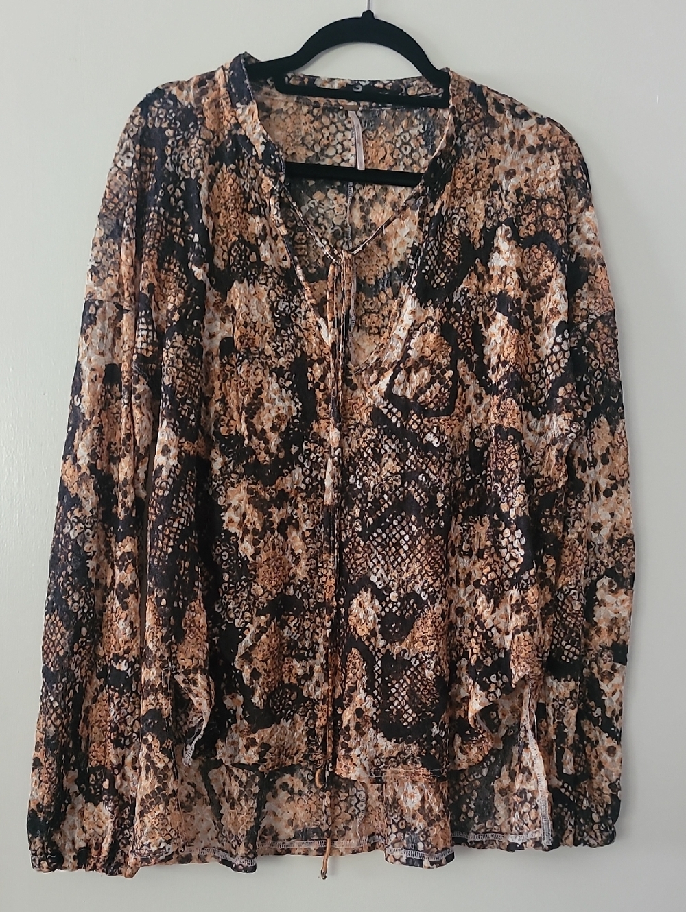 Free People Animal Print Sheer Tie-Front Blouse in Brown and Black